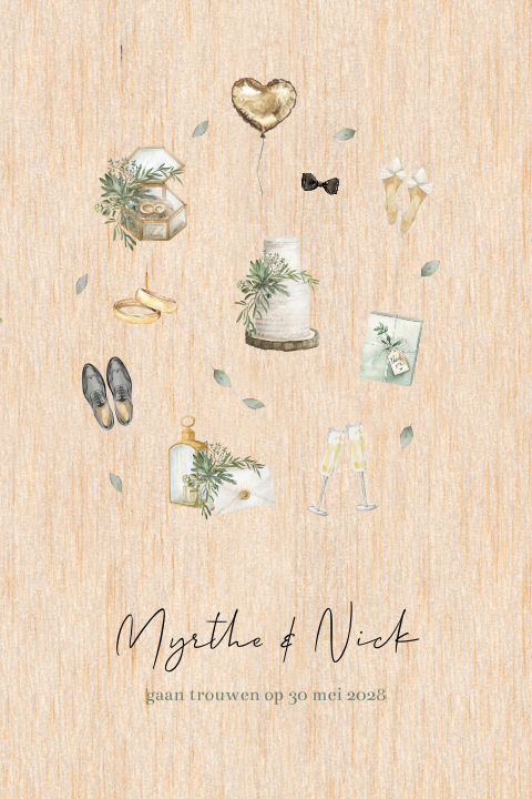 Houten trouwkaart met waterverf illustraties