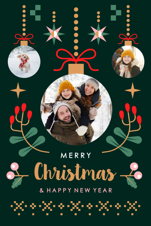 Grafische kerstkaart met foto's in kerstballen