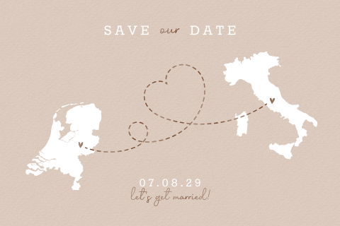 Bruine save the date voor bruiloft in het buitenland