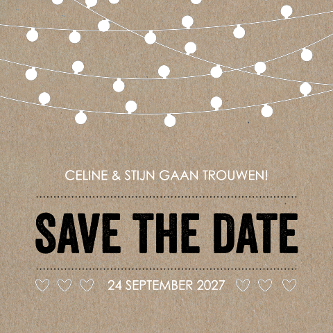 Kraft save the date met witte lampjes
