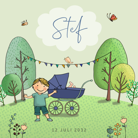 Geboortekaartje broer met baby broertje in kinderwagen