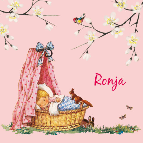 Roze retro geboortekaartje meisje in rieten wieg en bloesem