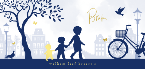 Hollands silhouet geboortekaartje drie kindjes in een stad