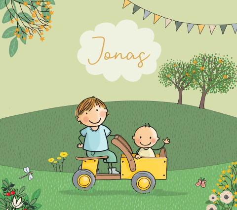 Geboortekaartje grote broer met baby broertje bakfiets