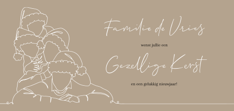 Beige kerstkaart met lijntekening van gezin