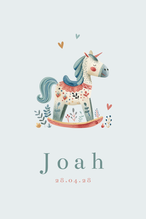 Lief geboortekaartje met boho blauw hobbelpaard
