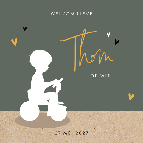 Groen geboortekaartje met silhouet jongetje op fiets