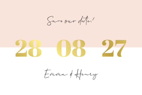 Roze save the date kaart met grote datum in goudfolie