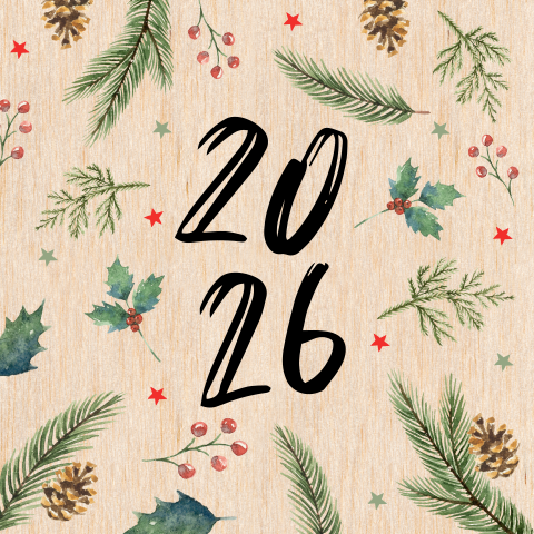 Houten kerstkaart met 2026 en takjes