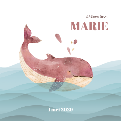 Enkel geboortekaartje met roze walvis