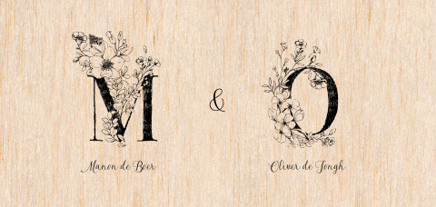 Houten trouwkaart met botanische initialen