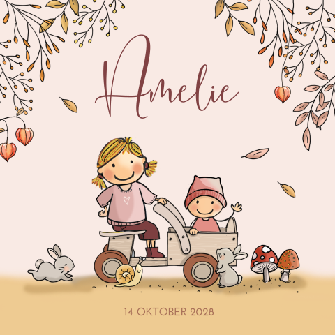 Herfst geboortekaartje zus met baby meisje in houten kar