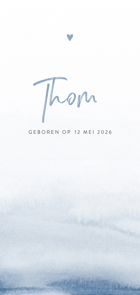 Blauw minimalistisch waterverf geboortekaartje jongen met hartje