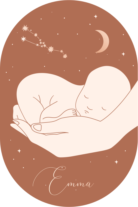 Ovaal geboortekaartje baby meisje in hand met maan en sterrenbeeld