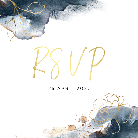 RSVP kaartje met gouden bloemen en waterverf