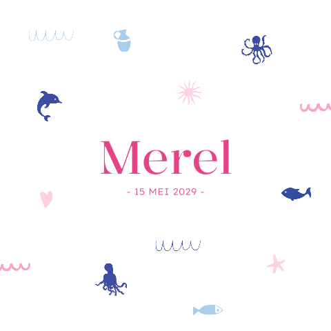Roze geboortekaartje meisje met zeediertjes