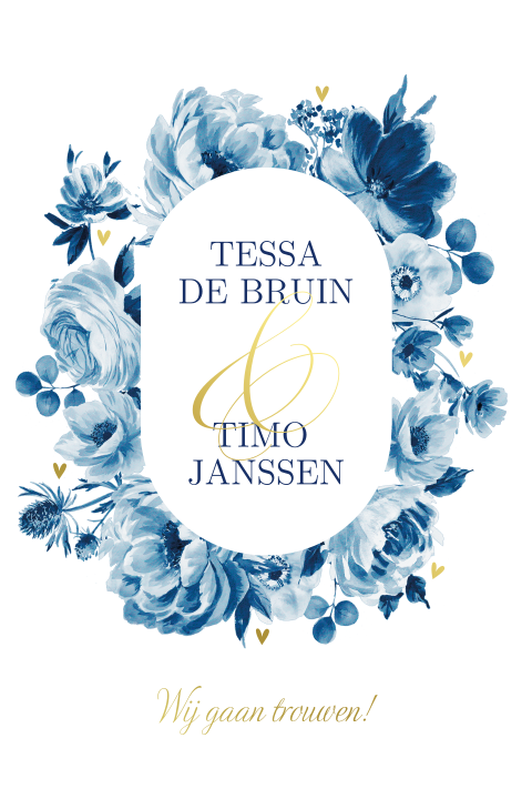 Delfts blauwe trouwkaart met blauwe bloemen