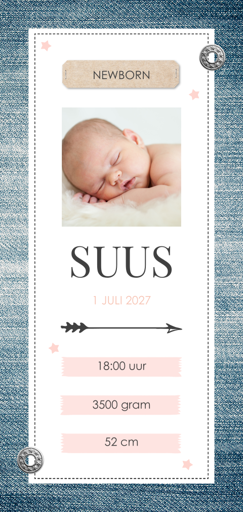 Stoer jeans geboortekaartje met foto van jullie dochter