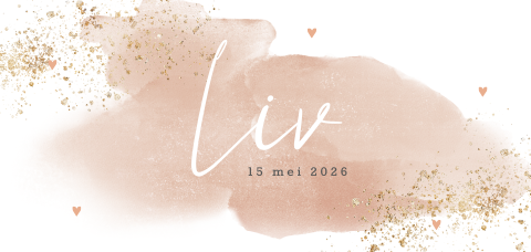 Meisjes geboortekaartje roze waterverf met goud spetters en hartjes