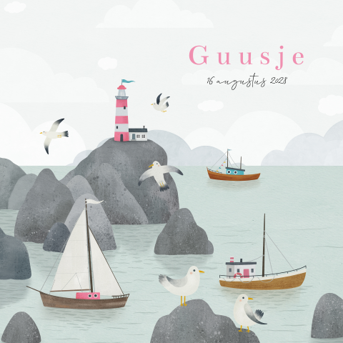 Geboortekaartje met zee, rotsen, vuurtoren en bootjes