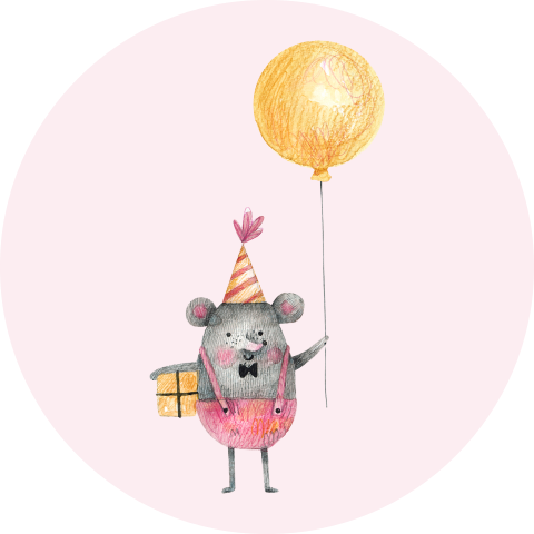 Roze sluitsticker kinderfeestje met muis en ballon