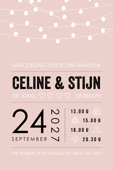 Roze trouwkaart met trendy typografie en lampjes