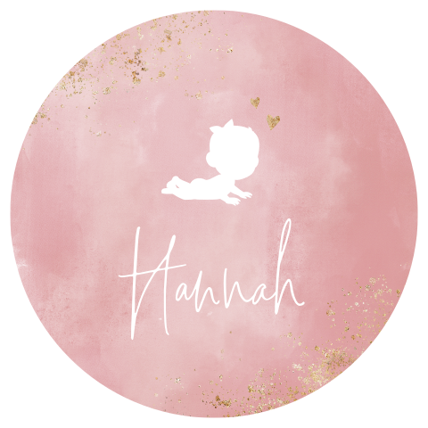 Roze rond geboortekaartje met silhouet van baby en goudlook hartjes