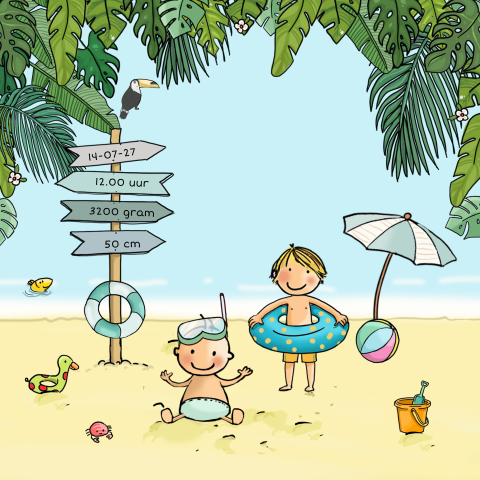 Geboortekaartje broer met baby jongen op het strand