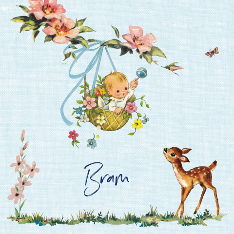 Blauw vintage geboortekaartje hertje met baby jongen in mandje