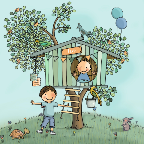 Geboortekaartje grote broer met baby broertje bij boomhut