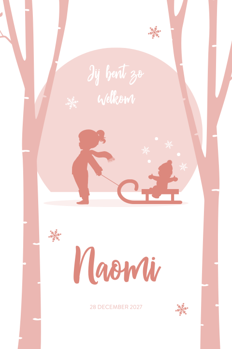 Roze winter geboortekaartje met twee zusjes op slee