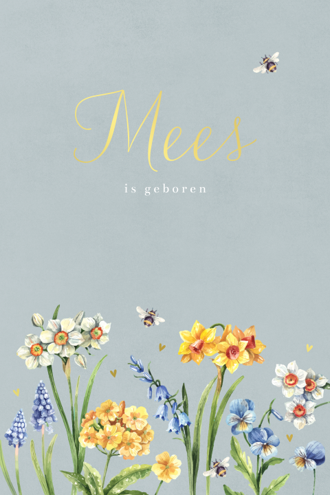 Blauw geboortekaartje met voorjaarsbloemen en bijen