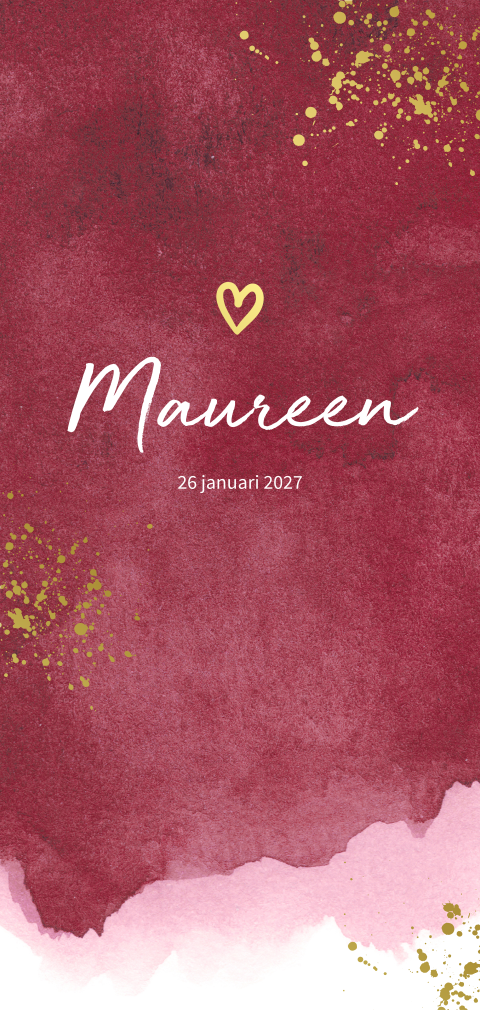 Trendy geboortekaartje meisje met rode waterverf en gouden spetters