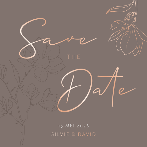 Bruine save the date kaart met roségoudfolie bloemen