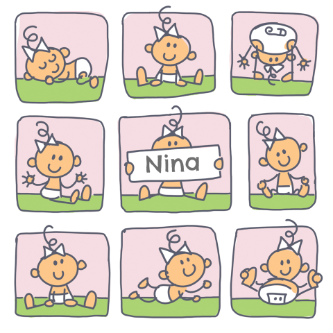 Geboortekaart met baby meisje in verschillende posities