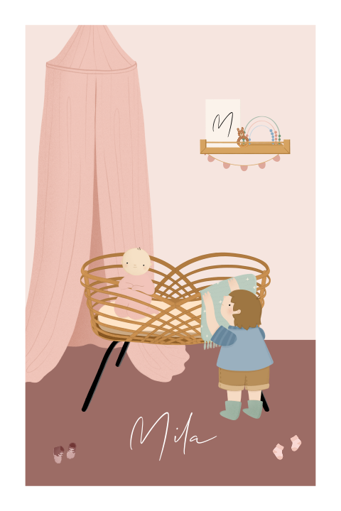 Kinderkamer geboortekaartje broer bij wieg met baby meisje