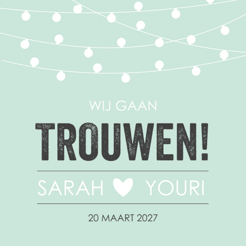 Hippe trouwkaart in mintgroen met lampjes