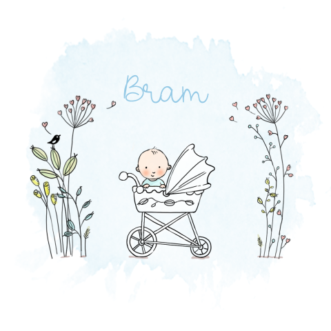 Lief geboortekaartje met baby jongen in kinderwagen
