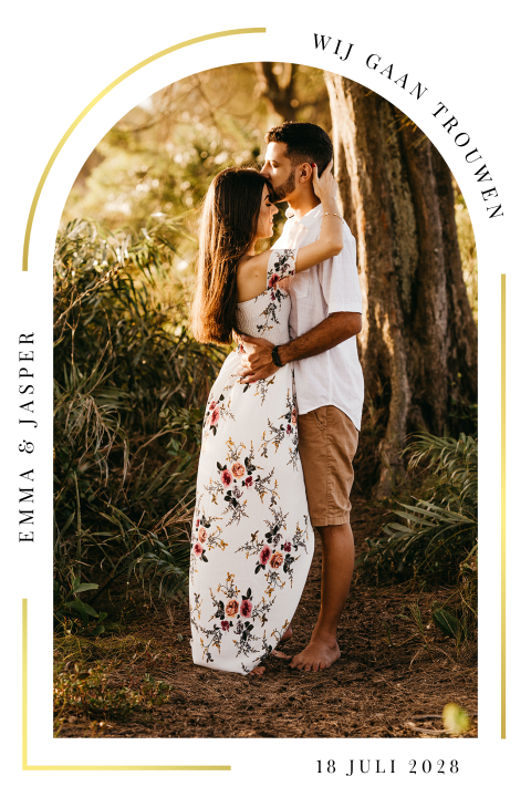 Save the date met foto in boog en goudfolie kader