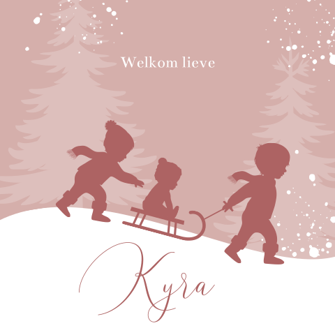 Winter babykaartje drie kindjes spelen in de sneeuw