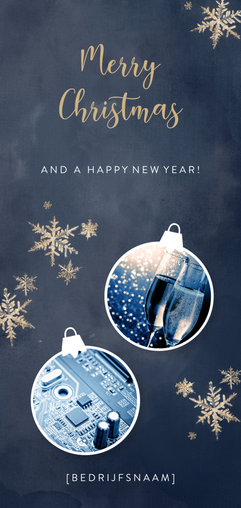 Donkerblauwe kerstkaart ICT met kerstballen en foto