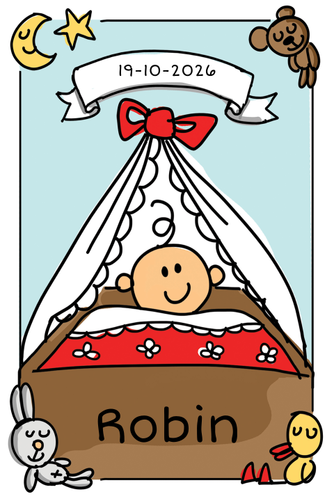 Getekend geboortekaart baby jongen in een wiegje