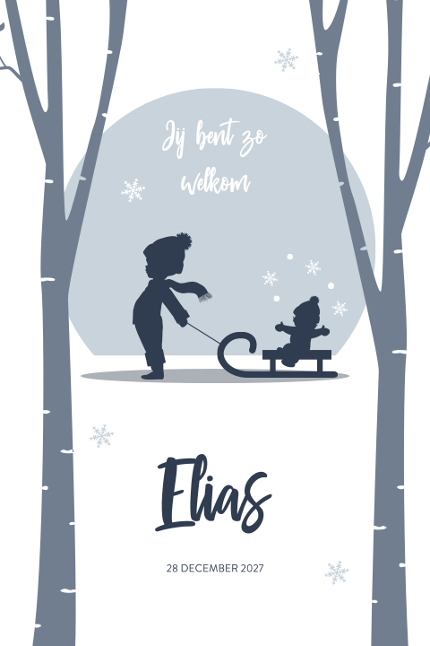 Silhouet geboortekaartje met twee broertjes op slee in de winter