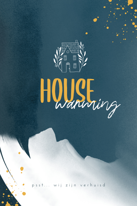 Blauwe housewarmingskaart met witte verf en huisje