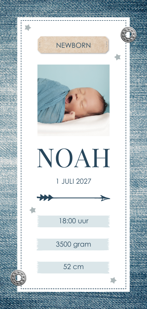 Stoer geboortekaartje jeans met foto jongen pijltjes en sterretjes