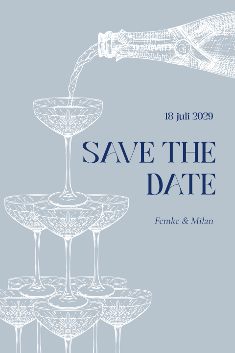 Save the date met champagneglazen toren en champagnefles