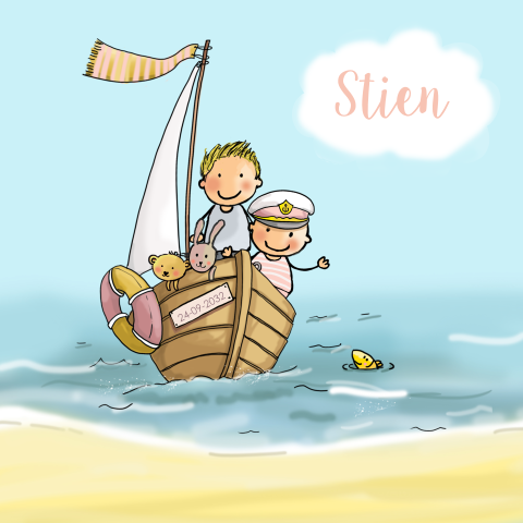 Geboortekaartje meisje met grote zus in bootje op zee
