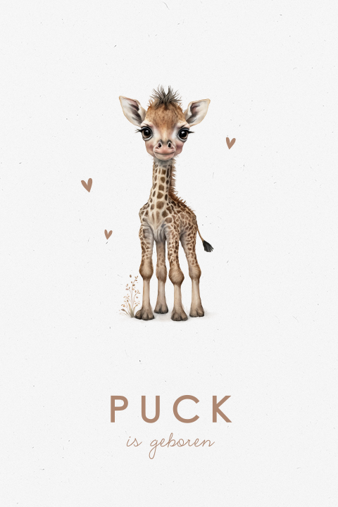 Genderneutraal geboortekaartje baby giraffe met grote ogen