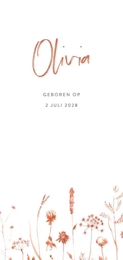 Stijlvol geboortekaartje meisje met roestrode weidebloemen