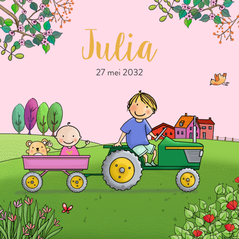 Geboortekaartje grote broer op tractor en baby meisje